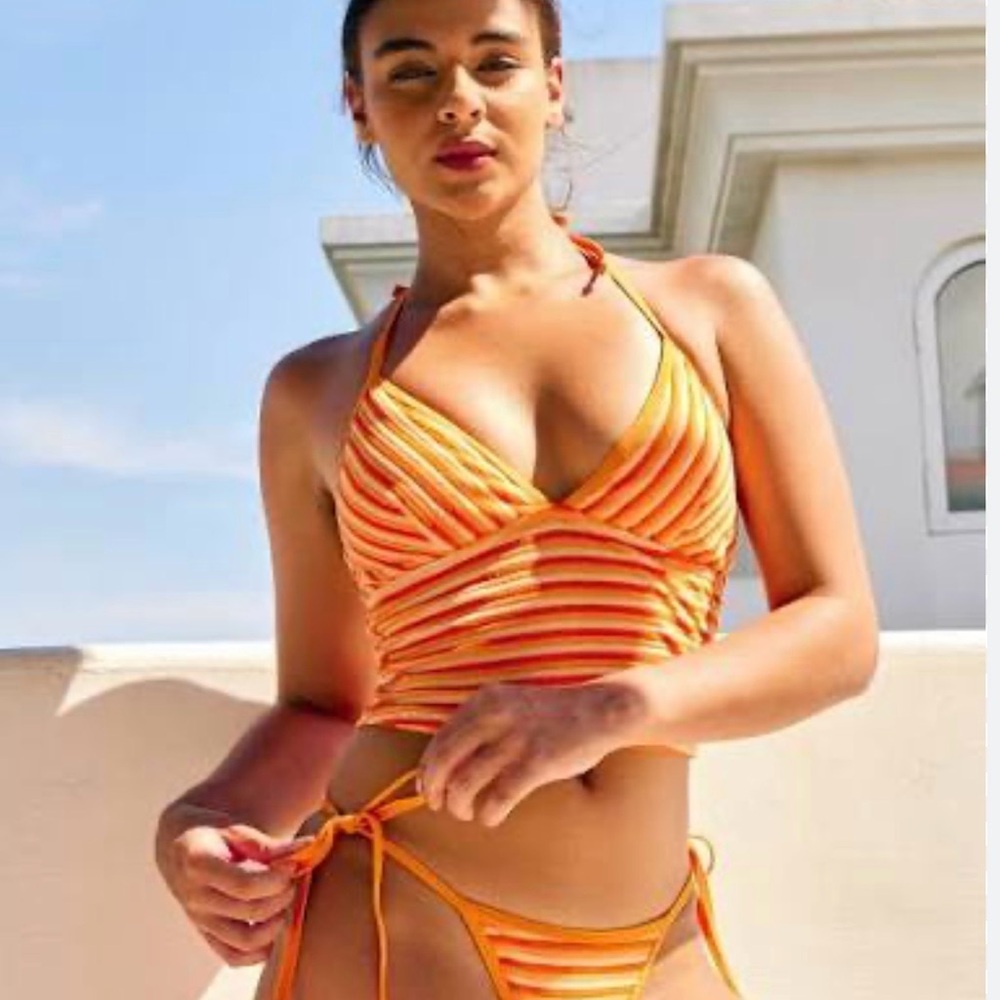 Zaful Orange Striped Halter Tankini Top with Tie-Side Bikini Bottom